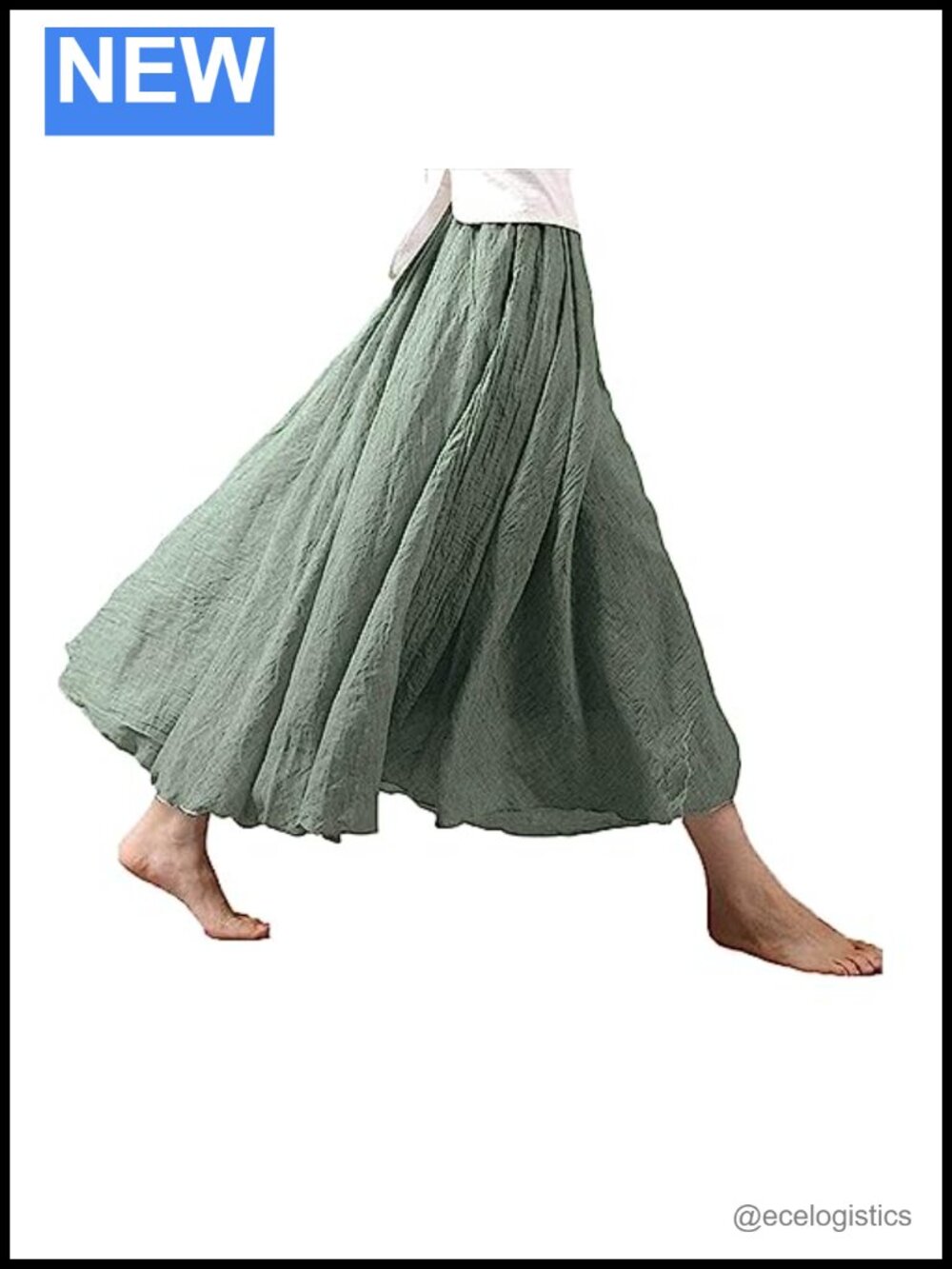 Cotton Linen Boho Elastic Waist Pleated A-Line Maxi Skirt